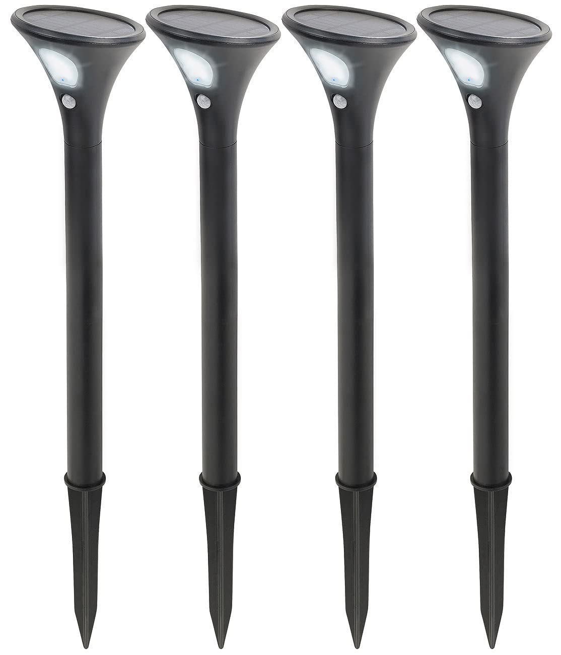 Lunartec Solarleuchte Gehweg: 4er-Set Design-Solar-Wegeleuchten, Licht- & Bewegungssensor, kaltweiß (Wegeleuchten Solar Bewegungsmelder, Steh-Gartenleuchte, Alarm)