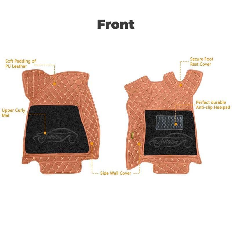 Image of Superior 7D Car Floor Mat Full Set for Mahindra Alturas G4, 7 Layer Protection Mats, Leather with Curly Car Foot Mat with Heal Pad, Anti-Skid & Waterproof Tan Beige with Black Curly