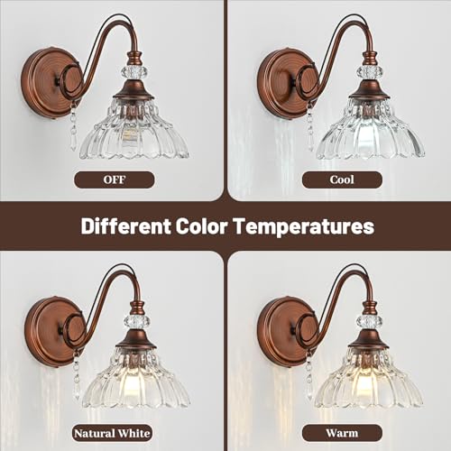 Image of 1 Piece Vintage Wall Sconce, 1-Light Matte Antique Red Bronze Finish Wall Sconce with Hanging Crystal Accents and Flower-Shaped Clear Shades for Bathroom Bedroom Living Room,Vintage Vanity Light