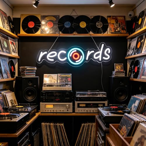 Image of Records Led Sign, Recorder Neon Light, Disc Player Neon Sign, Recording Led Light, Music Show Studio Room Wall Decor, Vinyl Disc Neon Light Bedroom Game Room Wall Art Christmas Birthday Gift