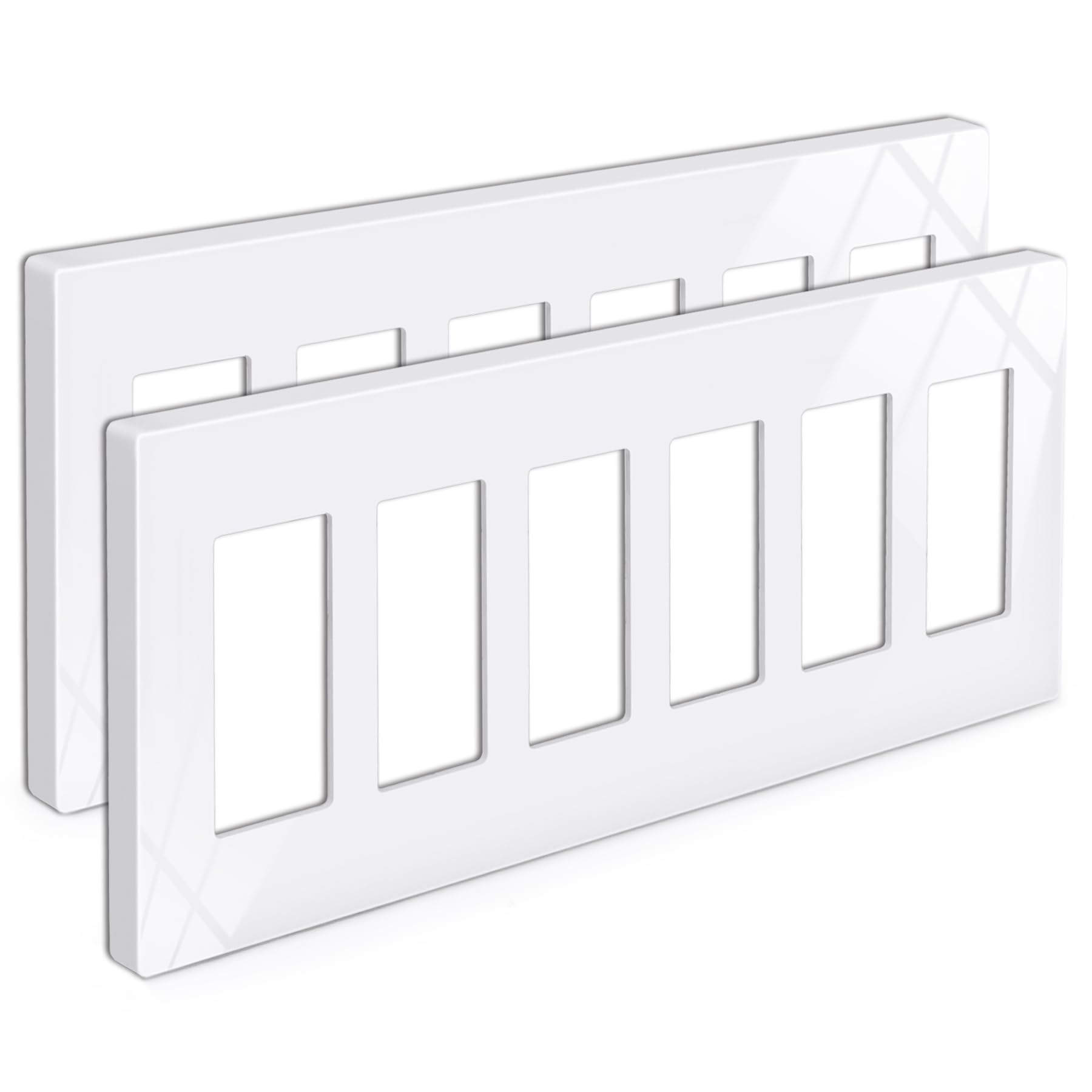 BESTTEN 2 Pack 6-Gang Screwless Decorator Wall Plate, Decorative Outlet Cover, Decor Switch Plate, USWP6 Gloss Snow White, Wallplate for Dimmer, GFCI &amp; USB Receptacle, H4.69” x W12.0”, ETL Listed