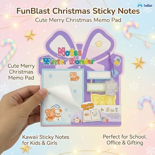 Image of FunBlast Christmas Sticky Notes - Cute Merry Christmas Memo Pad, Kawaii Sticky Note for Kids & Girls, Self Adhesive Notes and Bookmark, Stationery Gift for School, Office & Personal Use (Purple)