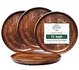 Crocon Mango Wood Dinner Plates, Rustic Style, Set of 4, 11 Inch Round, Solid Color, Reusable, Handcrafted, Durable, Perfect for Appetizers, Birthdays, Not Dishwasher Safe