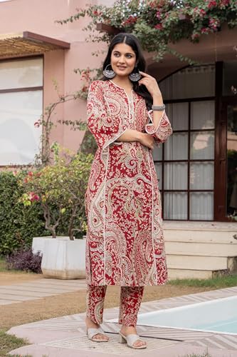 Image of Pistaa's Women Pure Cotton Paisley Printed A-Line Kurta with Pants Set