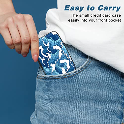Image of Credit Card Holder, Mini Aluminum Card Wallet RFID Blocking Slim Metal Hard Card Case for Women Men, Blue Sea Wave
