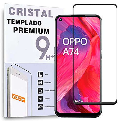 REY Protector de Pantalla Curvo para OPPO A74 5G, Negro, Cristal Vidrio Templado Premium, 3D / 4D / 5D, Anti Roturas