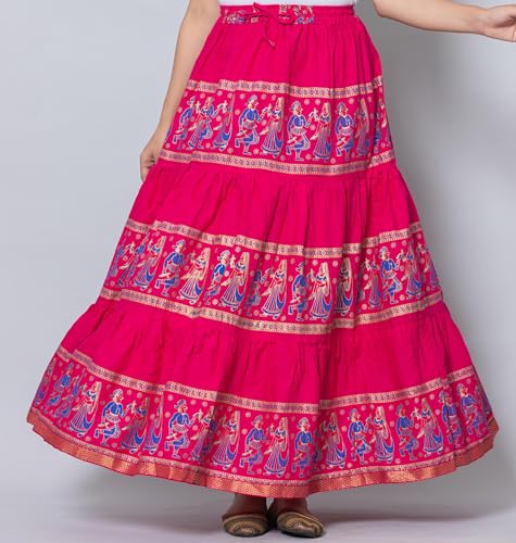 Image of Women's Cotton Printed Long Skirt | Ethnic Folk Print Tiered Maxi Skirt for Women | Elastic Waist Flared Boho Skirt | Traditional Casual for Women