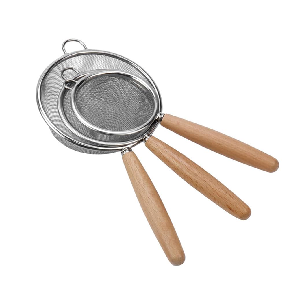 3Pcs Fine Mesh Strainer Stainless Steel Tea Strainer Mesh Strainer with Handle(Wood), Sifter Strainer for Loose Tea Coffee Cocktails Juice, Tea Steeper,Food Strainers,Matcha Sifter (7cm,8cm,10cm)