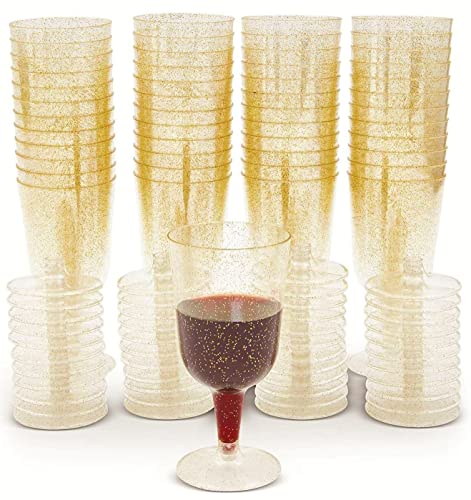 LATERN 50 Pièces Verres à Vin Scintillants Dorés, 170ml Verres de Dégustation de Vin en Plastique Gobelets à Vin Réutilisables à Tige Coupes à Dessert pour Mousse Pudding Bière Champagne