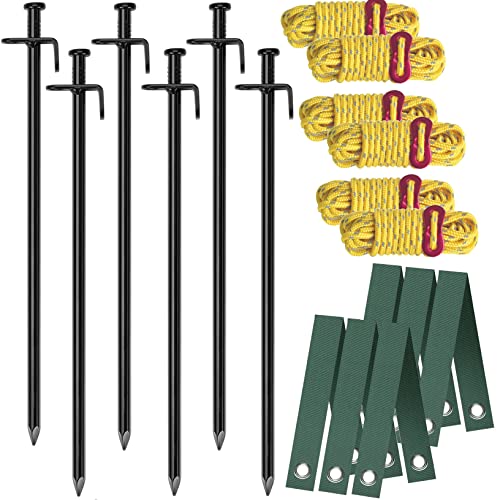 Aoipend Heavy Duty Tree Stakes Kit - 6 Pcs Metal Stakes & Straps, 80ft Reflective Guy Lines for Young Trees & Outdoor Tents