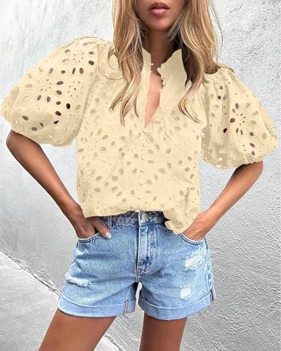 BETTE BOUTIK Women's Long Short Sleeve Tops 2025 Dressy Casual Button Hollow Out Lace Embroidered Blouses Shirts