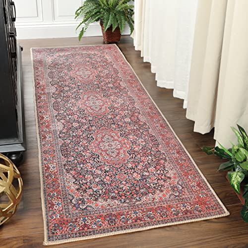 Superior Large Indoor Runner Rug, Modern Floor Décor, Living/Dining Room, Kitchen, Bedroom, Office, Entry, Flat-Weave, Floral Medallion, Cotton Backing, Fiorella Collection, 2' 6" x 7' 6", Berry Red