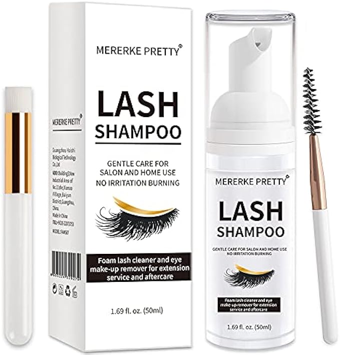 Mererke_Pretty Eyelash Extension Shampoo 50 ml + Brush - Eyelid Foaming Cleanser - Sensitive Paraben & Sulfate Free - Eyelash Wash and Lash Bath for Extensions - Salon Use and Home Care