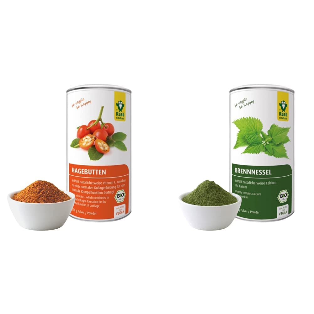 Raab Vitalfood Bio Hagebutten-Pulver mit pflanzlichen Omega-3 & 6-Fettsäuren & Bio Brennnessel-Pulver mit natürlichem Calcium, Magnesium und Kalium