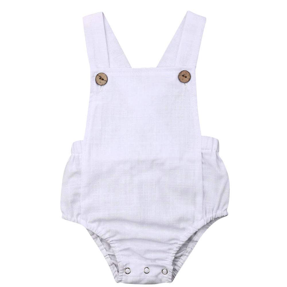 Baby Boys Girls Cotton Linen Rompers Solid Color Sleeveless Straps Backless Bodysuit 3-6M White