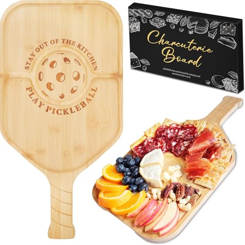 Pickleball Paddle Snack Tray Set, Ceramic Serving Plates with Bamboo Charcuterie Board, Paddle Appetizer Platter for Parties, Unique Pickleball Mothers Day Gifts for Mom