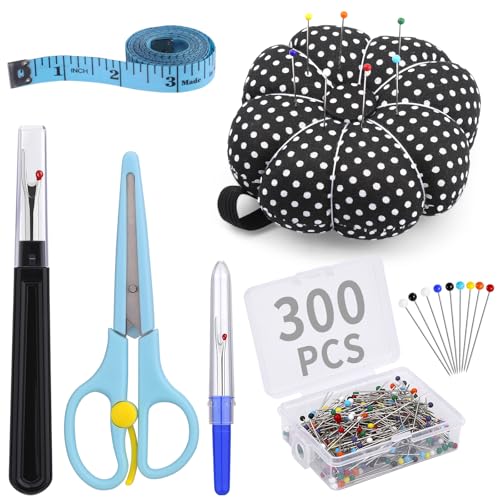 300 Pieces Multicolor Sewing Pins - 32mm Straight Quilting Pins Including Sewing Seam Ripper Scissors Pin...
