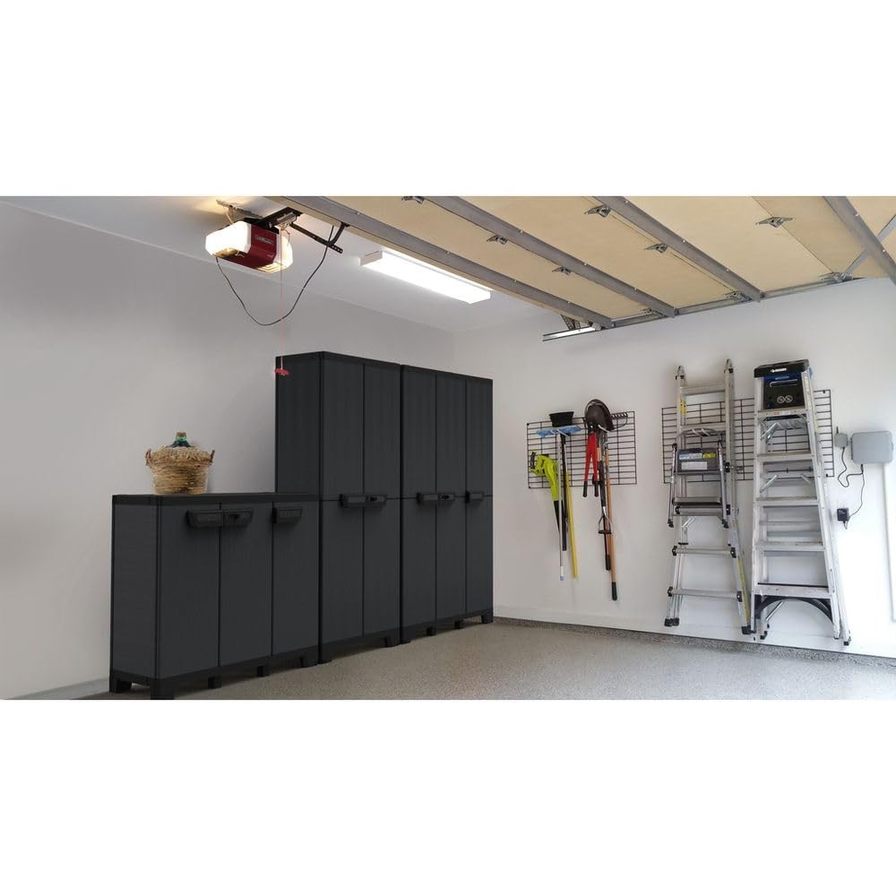 Kreher® Dreitüriger Aufbewahrungsschrank Gartenschrank Kellerschrank aus Kunststoff in Schiefer Optik. Mit höhenverstellbaren Böden und abschließbaren Türen in 2 Größen. (Schrank mit 1 Einlegeboden)