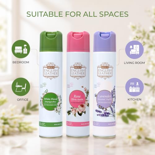 Image of Next Care English Leather Air Freshener Spray 220ml Each | Long Lasting Room Freshener for Home, Office & Car | Odour Eliminator (Lavender, Rose & White Floral)