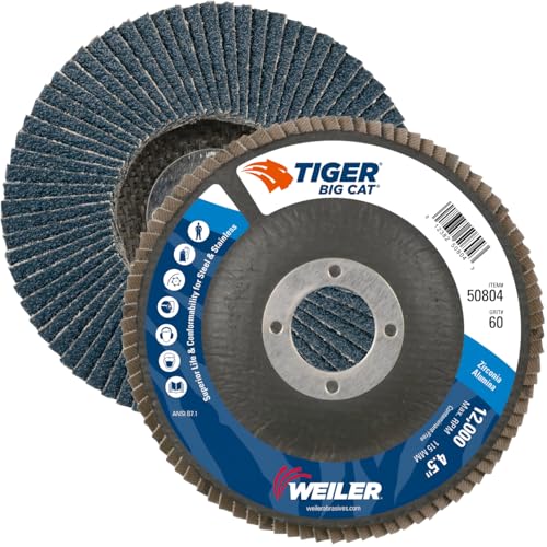 Image of Weiler 50804 Big Cat High Density Abrasive Flap Disc, Type 27, Round Hole, Phenolic Backing, Zirconia Alumina, 4-1 /2 inch Dia., 60 Grit