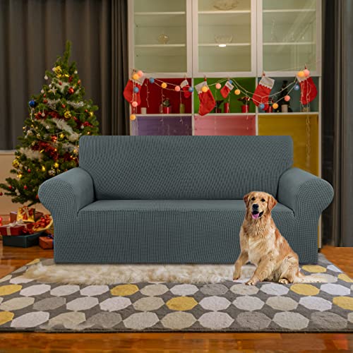 KEKUOU Stretch Loveseat Sofa Cover Slipcover,Couch Covers for 2 Cushion Couch Sofa (55"-78") Furniture Protector Sofa with Elastic Bottom for Kids,Dog. Jacquard Small Checked (Medium,Grey)