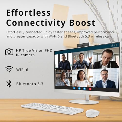 Image of HP 27 inch FHD Touchscreen All-in-One Desktop, AMD Ryzen 5 7520U, 16GB LPDDR5, 672GB Storage (512GB SSD+160GB Docking Station), FHD IR Camera, Wi-Fi 6, Wireless Keyboard & Mouse, Windows 11 Pro, White