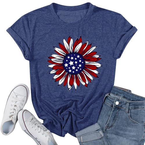 ZWSYXL American Flag Sunflower Shirts Women 4th of July Graphic Tees Patriotic T-Shirts USA Flag Star Stripe Tops