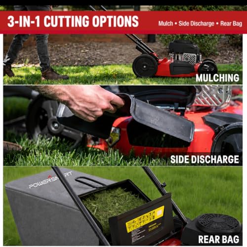 Image of PowerSmart 21-Inch 3-in-1 Gas Self-Propelled Lawn Mower,170CC OHV Engine,Bagging /Mulching /Rear Discharging, 6 Cutting Heights, Durable Steel Deck, Rear-Wheel Drive, for Garden, Yard,