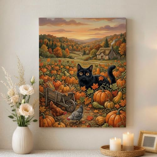 Lienzo de pollos rústicos y calabazas naranjas: decoración otoñal de pared