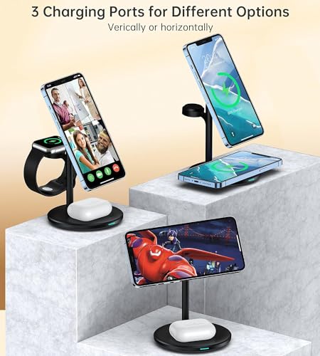 Image of XooFly 3 in 1 Wireless Charging Station for Apple Devices, Fast Wireless Mag-Safe Charger Stand with 20W Adapter for iPhone 17 /16 15 14 13 12 Pro Max /Pro /Plus /Air /Mini, iWatch, AirPods (Black)