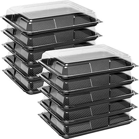 Deli Supplies Pack of 10 Medium Rectangle Food, Cake, Sandwich Platter Tray Set, Black Tray Base with Clear Lid Durable Buffet Catering Food Sandwich Trays (L390mm x W290mm x 70mm with Lids) Cover