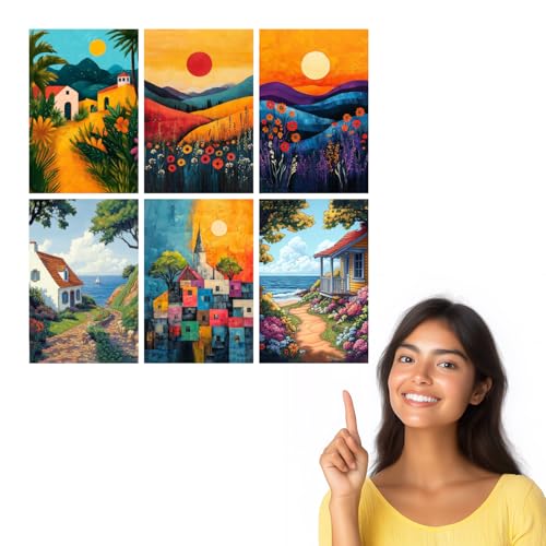 Image of SiddArtify Coastal Landscape Wall Art Prints Set - Colorful House Poster Decor for Living Room Bedroom Office - 12x18 inch Sticker Pack of 6