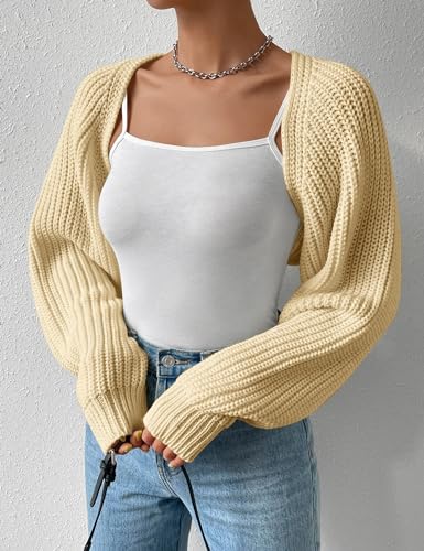 Image of Women's Long Sleeve Open Front Knitted Crop Cardigan Drop Shoulder Knit Bolero Shrug Sweater