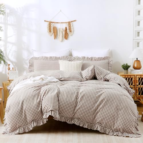 ATsense Tan Gingham Duvet Cover Bedding Set 100% Washed Cotton Like Linen Feel Soft Breathable 3 Pcs Brown Plaid Checkered Cute Ruffle Comforter Cover Set (Queen 90x90 No Comforter)