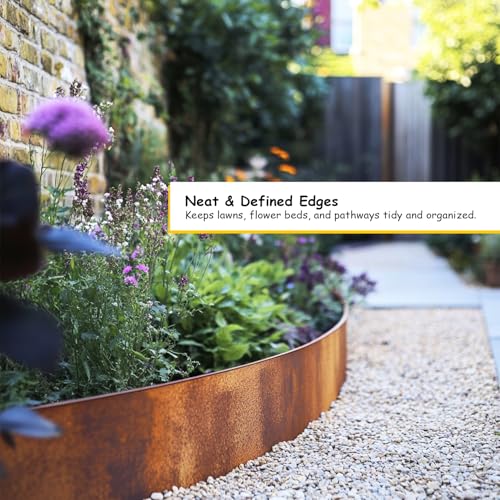Image of Corten Steel Metal Lawn Edging 10 Metre (33ft), Roll, Pre-Rusted Metal Garden Edging 14 cm High, Easy to install Garden Edge Border, Safety Gloves Included (RUST, 10M)