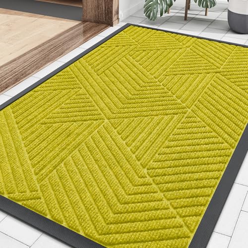 Image of Smiry Front Door Mat Outside Entrance, Low Profile Rubber Doormat, 29.5x17 | Irregular Triangle, Must- Yellow, Sturdy Heavy Duty Mat Trap Dirt and Moisture, Easy Clean for Indoor Outdoor Entry