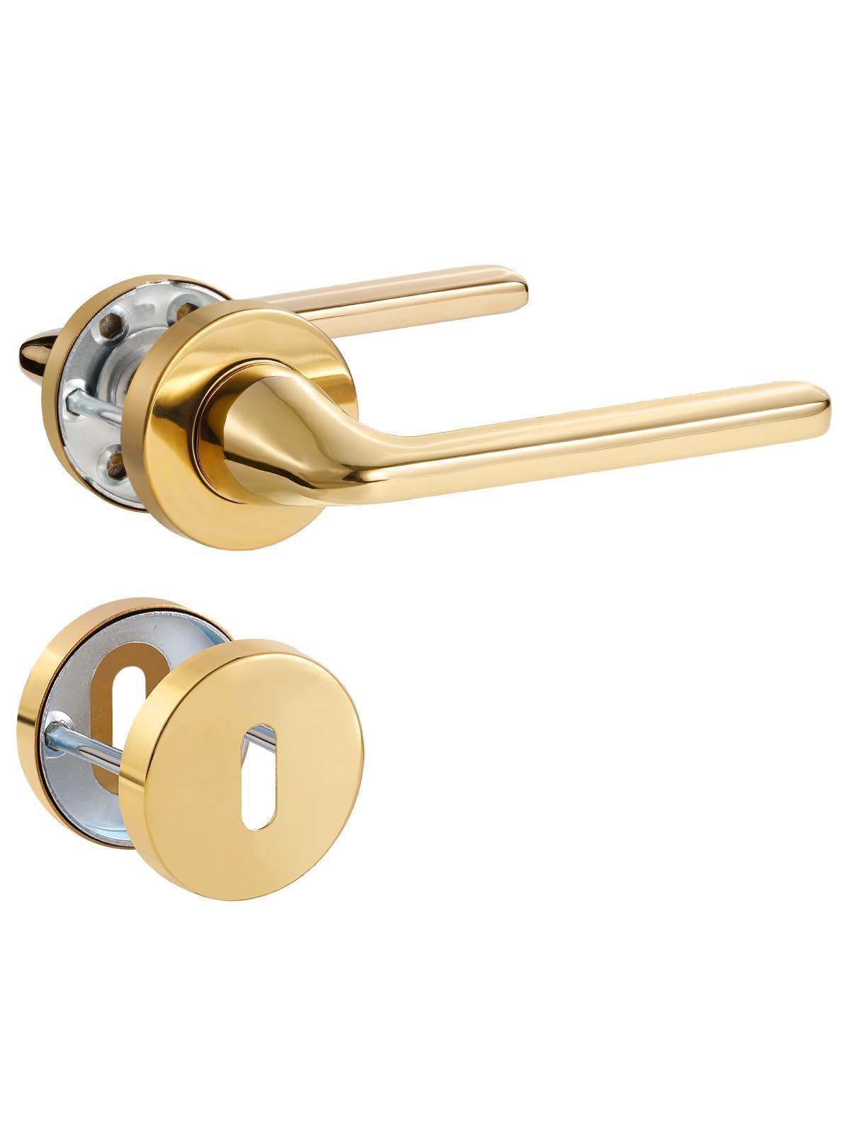 SORWDUERM Gold Door Handle Set, Matte Brushed Stainless Steel, L Shape Round Rosette BB Profile Cylinder for Front & Interior Doors