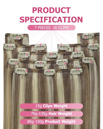 Image of YoungSee Hair Extensions Clip ins Highlights Light Brown with Blonde Clip in Hair Extensions Human Hair, Can Be Dyed Real Hair Extensions Clip in Human Hair for Daily Use 7Pcs 120G 20 Inch