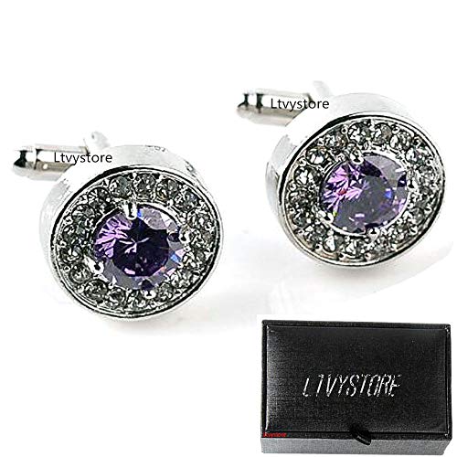 Luxury Puple Crystal White Rhinestones Round Cufflinks for Women Shirt, Ltvystore Jewelry Trendy Geometric Cuff Links Buttons with Box, Great Idea for Christmas/Valentine's Day