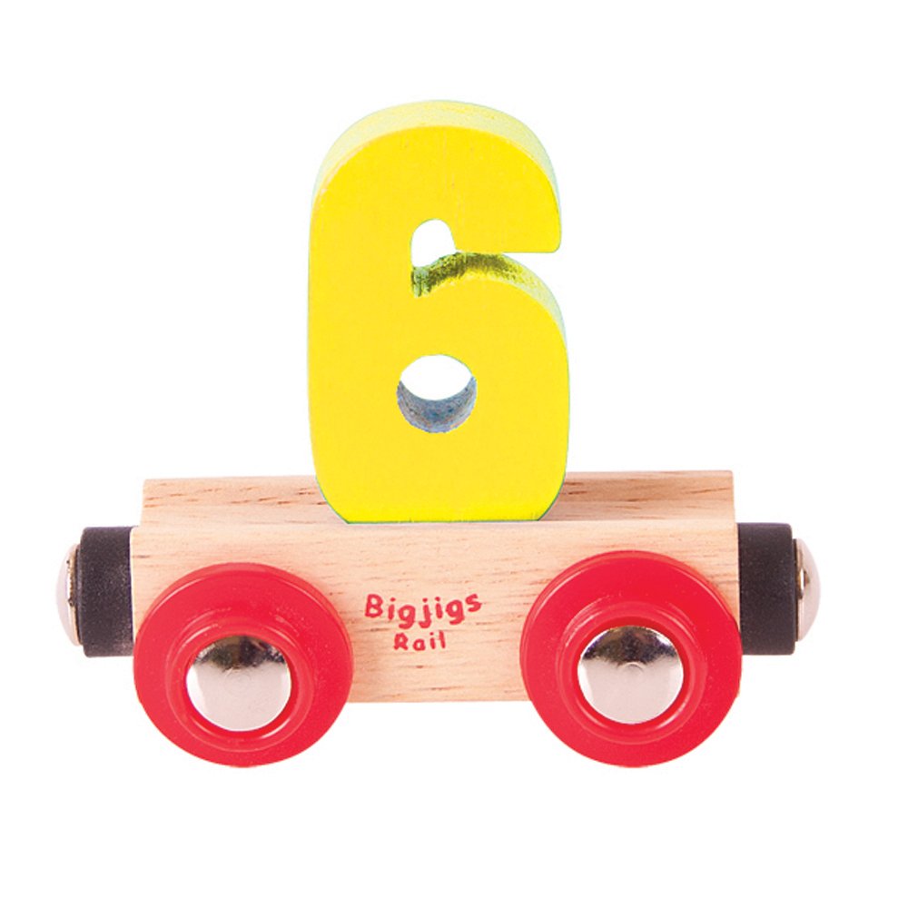Bigjigs Rail Wooden Rail Name Number 6 (Yellow) Personalised Wood Railway Carriage