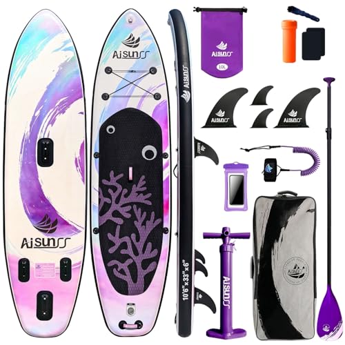 AISUNSS Inflatable Paddle Board for Adult, Paddle Board for All Skill Levels, Wide SUP Board with Primium Accessories Include SUP Carry Bag, Hand Pump, 10L Waterproof Bag