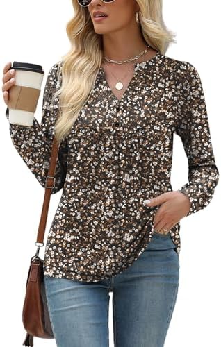 LOMON Long Sleeve Shirts for Women Henley V Neck T-Shirt Dressy Casual Pleated Tops Pullover Tunic 2024 Fall Clothes S-XXL