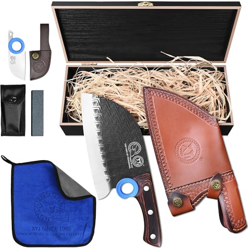 XYJ Authentic Since 1986,Heavy Duty Large Meat Cleaver,Serbian Chef Butcher Knife with Wooden Box, Leather Sheath, High Carbon Steel Blade, Full Tang Kitchen Knife, Camping Outdoor, Pakkawood Handle