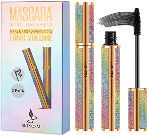 2 Pack Mascara Black Volume and Length Lasting All Day, 4D Silk Fiber Lash Mascara, Waterproof Mascara Lengthening No Clumping, No Smudging & Easy to Remove