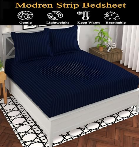 Image of 220 Cotton Feel Glace Cotton Double Bedsheet with 2 Pillow Cover (90x90 inch) Navy Blue