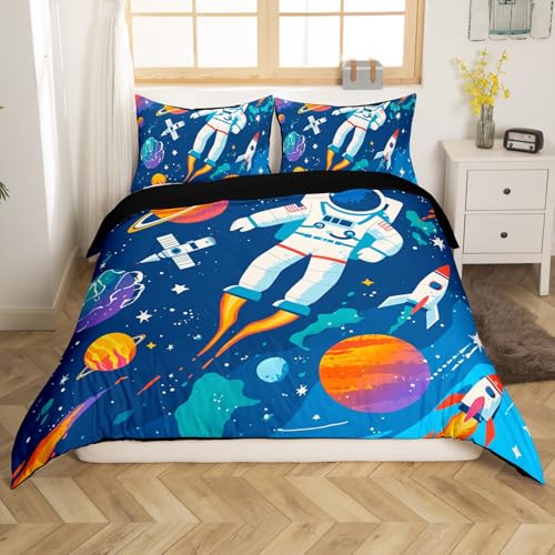 Homemissing Cosmonaut Spaceman Duvet Cover Set King Size For Kids Boys Teens Universe Planets Bedding Set Space Rocket Comforter Cover Set Outer Space Room Decor Quilt Cover with 2 Pillowcase
