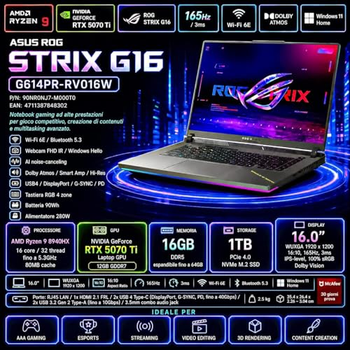 ROG Strix G16 (2025) G614PR-RV016W AMD Ryzen 9 8940HX 16GB NVIDIA GeForce RTX 5070 Ti SSD 1TB 16'' WUXGA Win11 - Notebook - Immagine 4