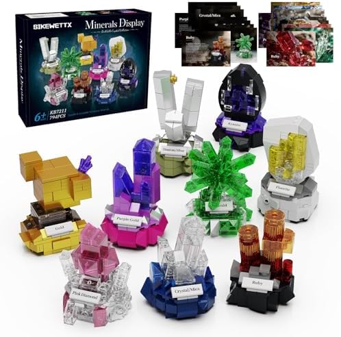 Mineral Display Building Blocks Set 794pcs, 9 Pack Gemstone Models, Crystal Rock Collection STEM Geology Bonsai Gems Home Office Decor, Perfect Birthday for Kids Adults Boys Girls 6+