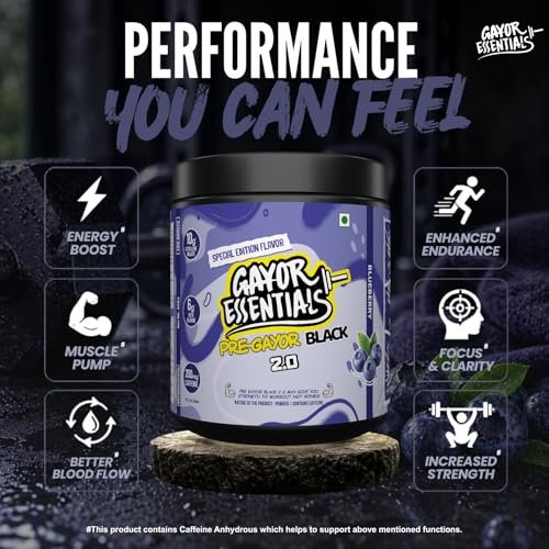 Image of Gayor Essentials Pre gayor black 2.0 Pre Workout High Stim Energy, Focus & Muscle Pump, 200mg Caffeine, 10g Citrulline Malate, 6g Beta Alanine, L-Theanine Performance Formula(Blueberry, 338g)