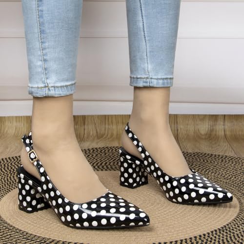 Pointy Closed Toe Patent Leather Slingback Pumps for Women Comfortable 2.3 Inch Low Block Backless Heels for Wedding Party Prom Black Dress Shoes with White Spots4